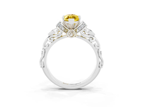 White gold Marquise Cut Yellow Sapphire Solitaire Ring with Filigree Band and Four-Prong Setting_69