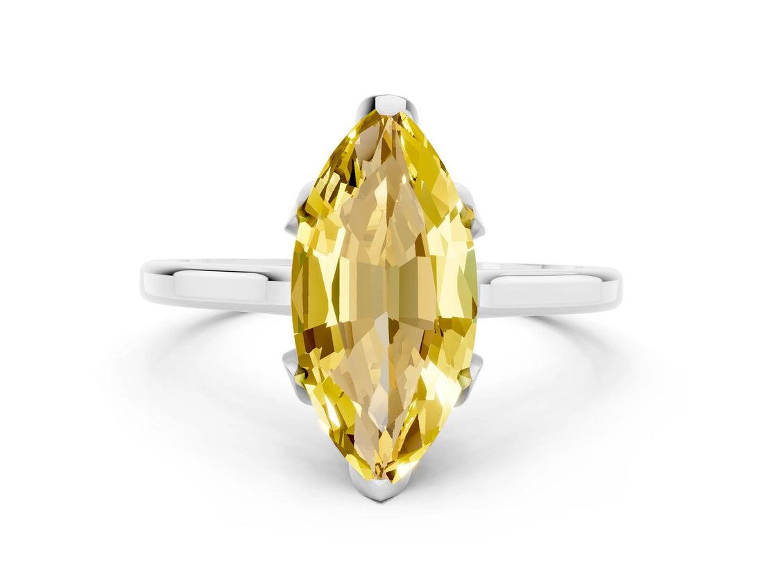 White gold Marquise Cut Yellow Sapphire Solitaire Ring with Flower Prong Setting and Classic Band_24