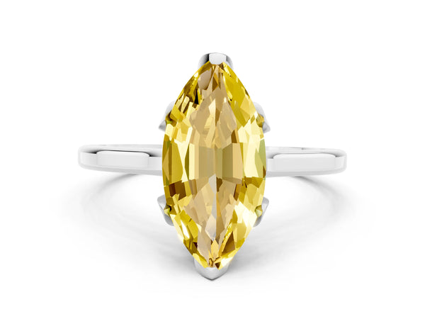 White gold Marquise Cut Yellow Sapphire Solitaire Ring with Flower Prong Setting and Classic Band