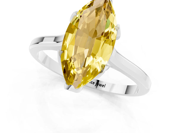 White gold Marquise Cut Yellow Sapphire Solitaire Ring with Flower Prong Setting and Classic Band
