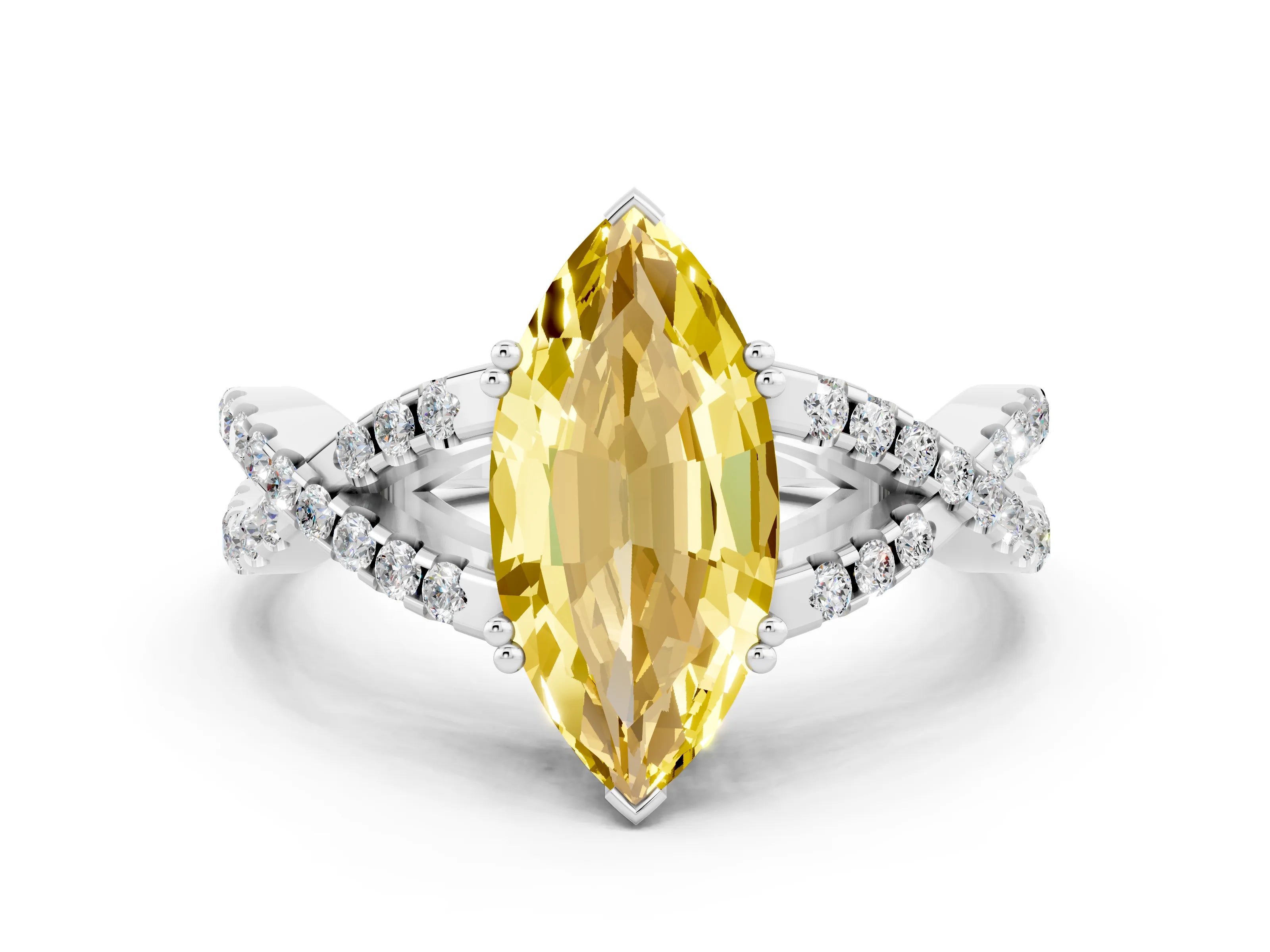 White gold Marquise Cut Yellow Sapphire Solitaire Ring with Four-Prong Setting and Twisted Pavé Band_12