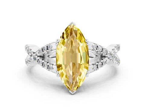 White gold Marquise Cut Yellow Sapphire Solitaire Ring with Four-Prong Setting and Twisted Pavé Band_12