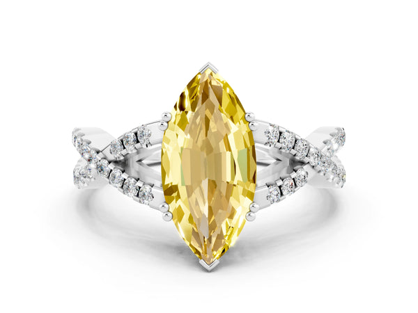 White gold Marquise Cut Yellow Sapphire Solitaire Ring with Four-Prong Setting and Twisted Pavé Band