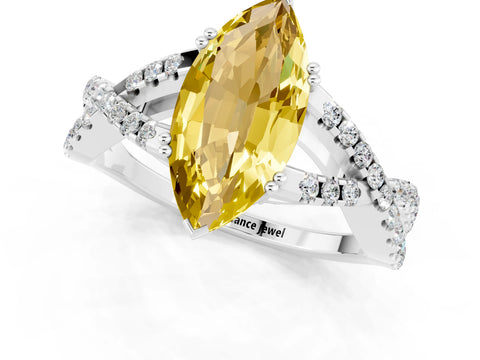White gold Marquise Cut Yellow Sapphire Solitaire Ring with Four-Prong Setting and Twisted Pavé Band_13