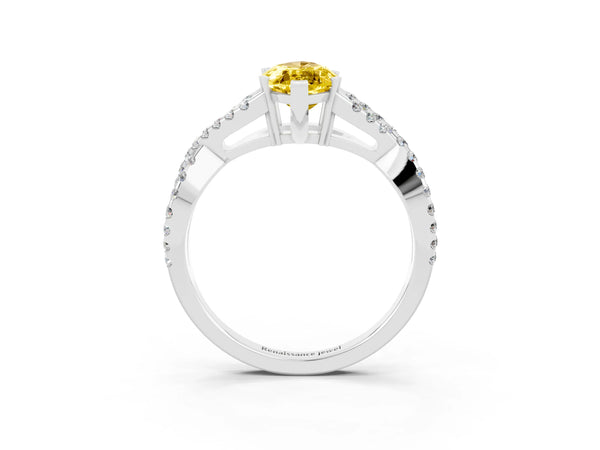 Platinum Marquise Cut Yellow Sapphire Solitaire Ring with Four-Prong Setting and Twisted Pavé Band