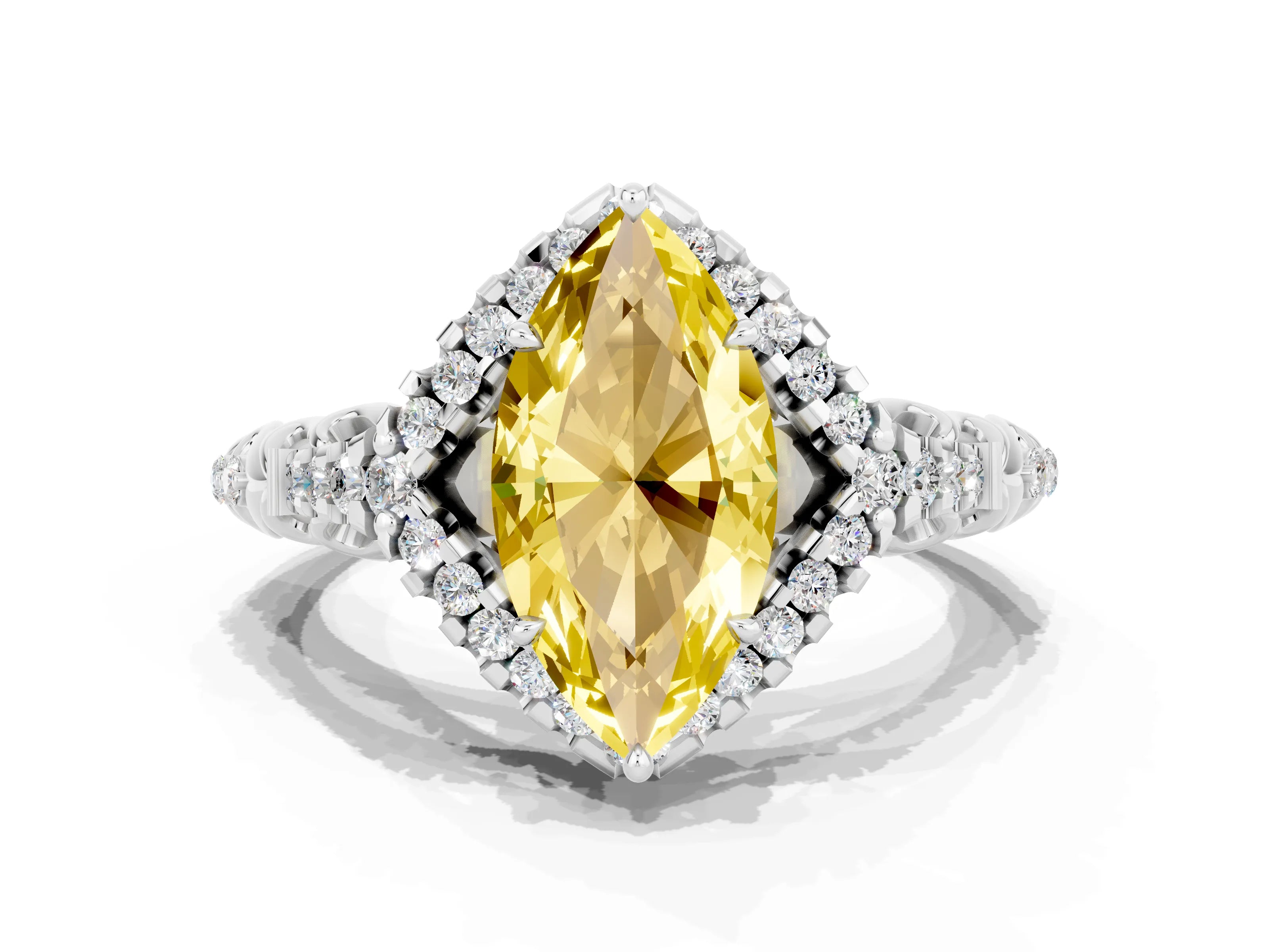 White gold Marquise Cut Yellow Sapphire Solitaire Ring with Hidden Halo and Pavé Band_12