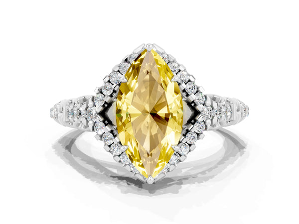 White gold Marquise Cut Yellow Sapphire Solitaire Ring with Hidden Halo and Pavé Band