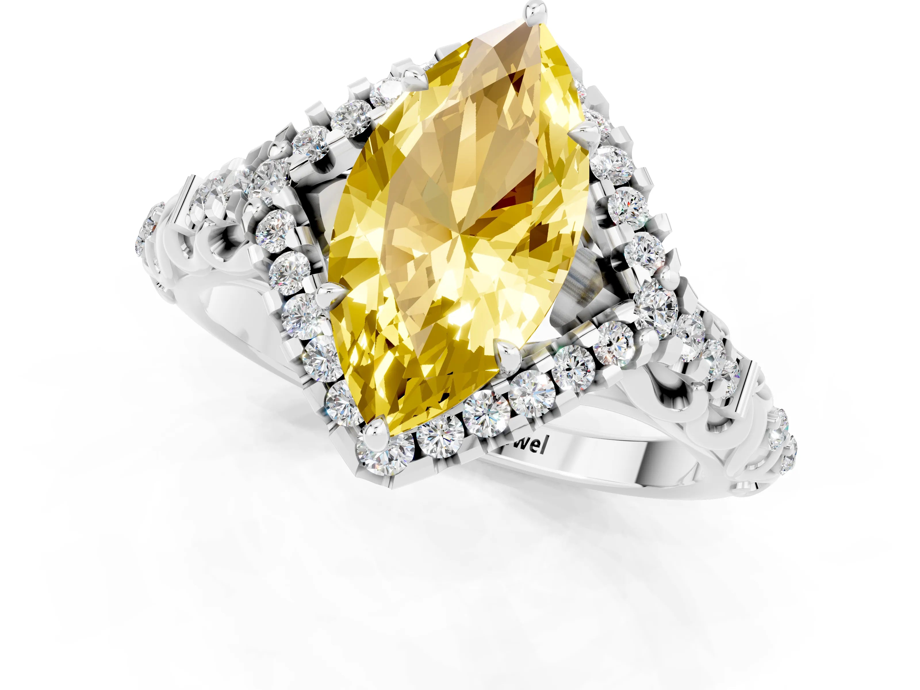 White gold Marquise Cut Yellow Sapphire Solitaire Ring with Hidden Halo and Pavé Band_13