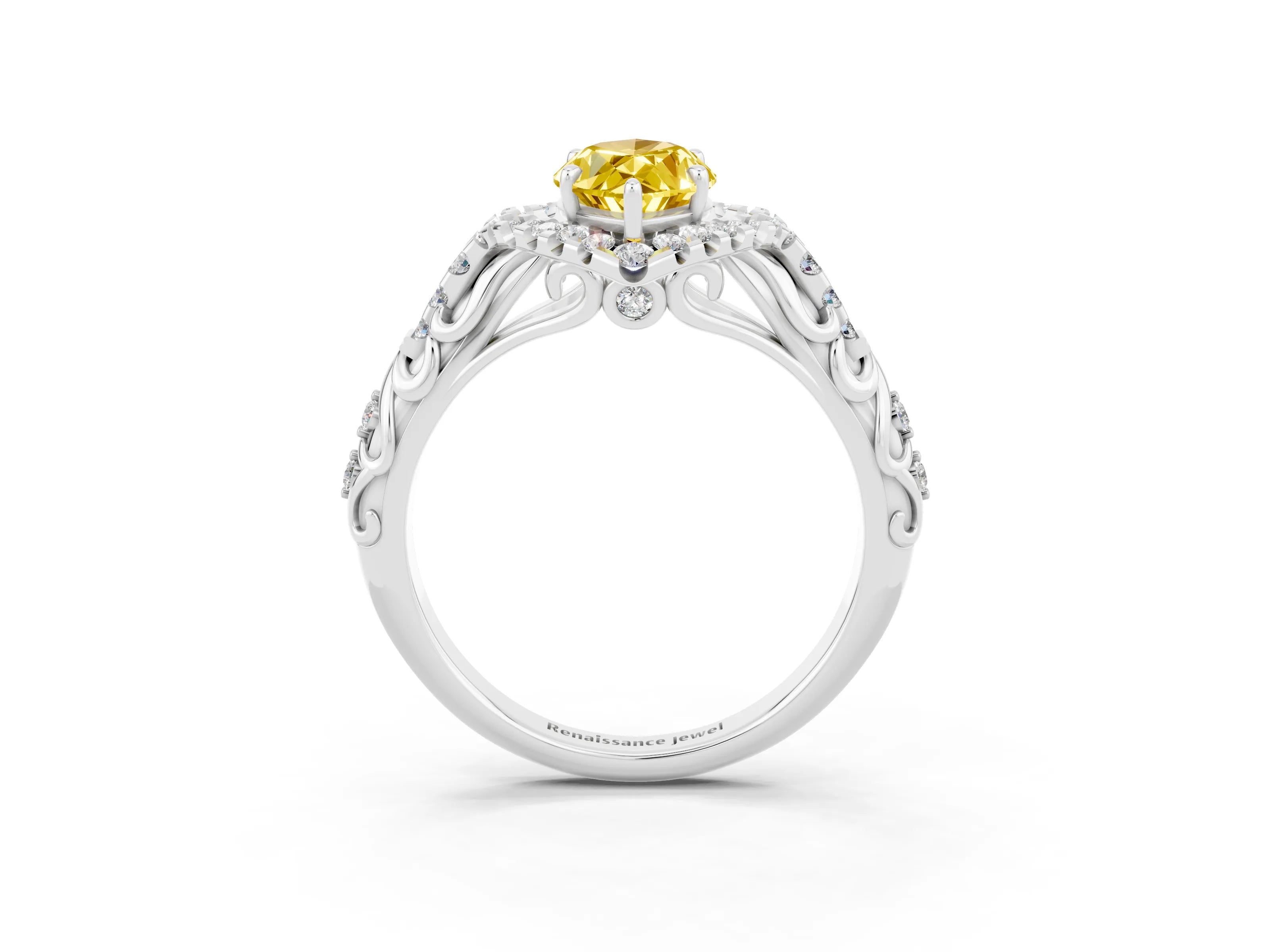 White gold Marquise Cut Yellow Sapphire Solitaire Ring with Hidden Halo and Pavé Band_15