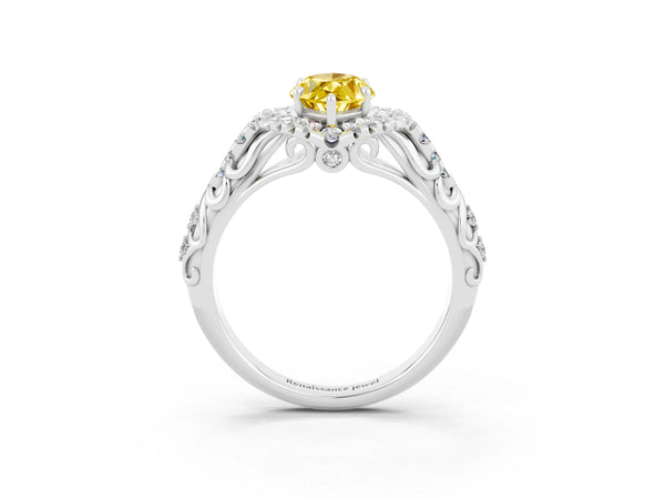 Silver Marquise Cut Yellow Sapphire Solitaire Ring with Hidden Halo and Pavé Band