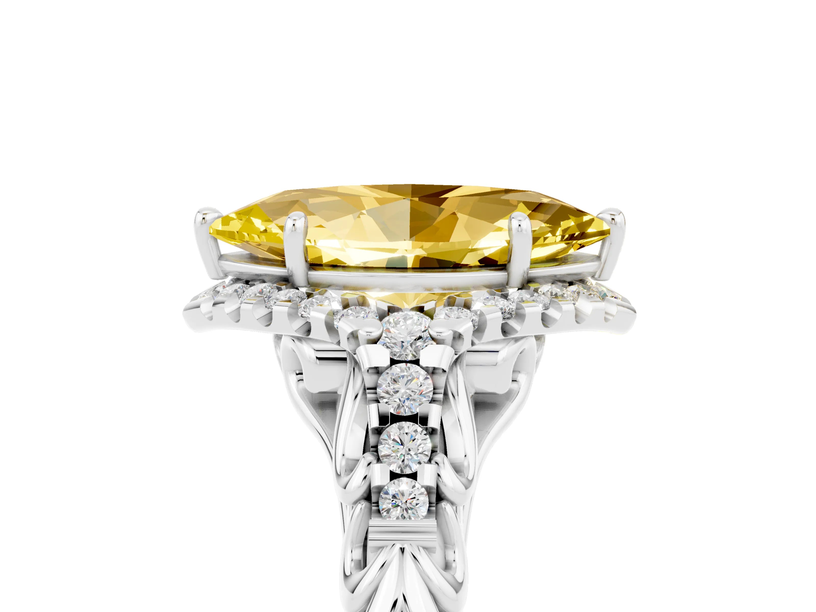 White gold Marquise Cut Yellow Sapphire Solitaire Ring with Hidden Halo and Pavé Band_17