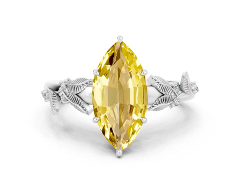 White gold Marquise Cut Yellow Sapphire Solitaire Ring with Leaf Motif Band and Four-Prong Setting_12