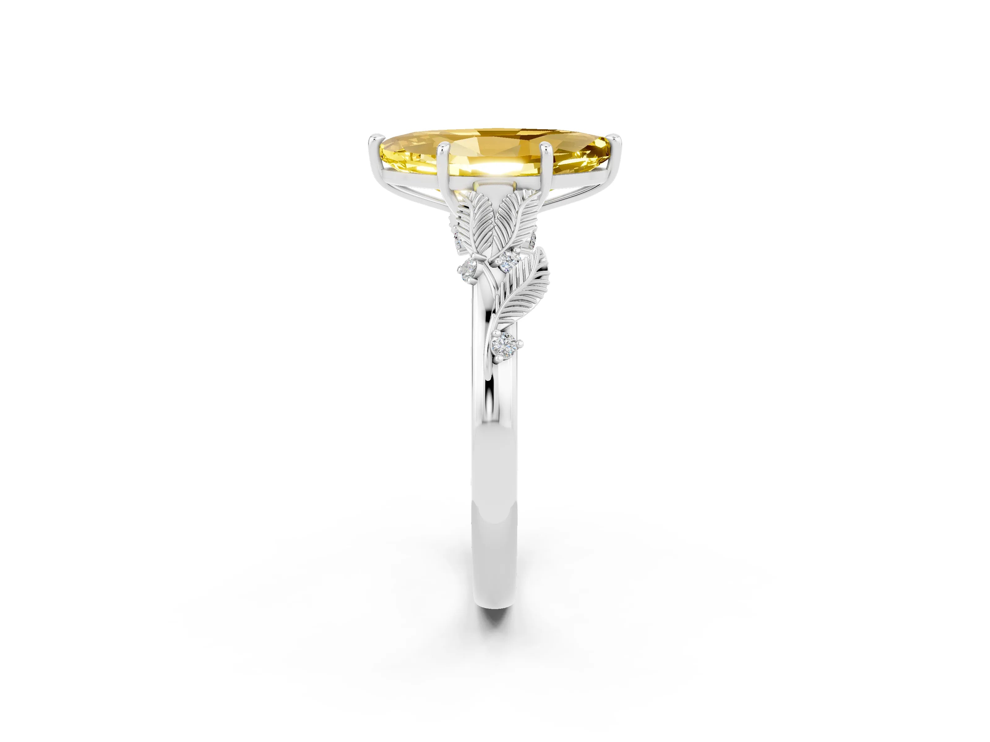 White gold Marquise Cut Yellow Sapphire Solitaire Ring with Leaf Motif Band and Four-Prong Setting_14