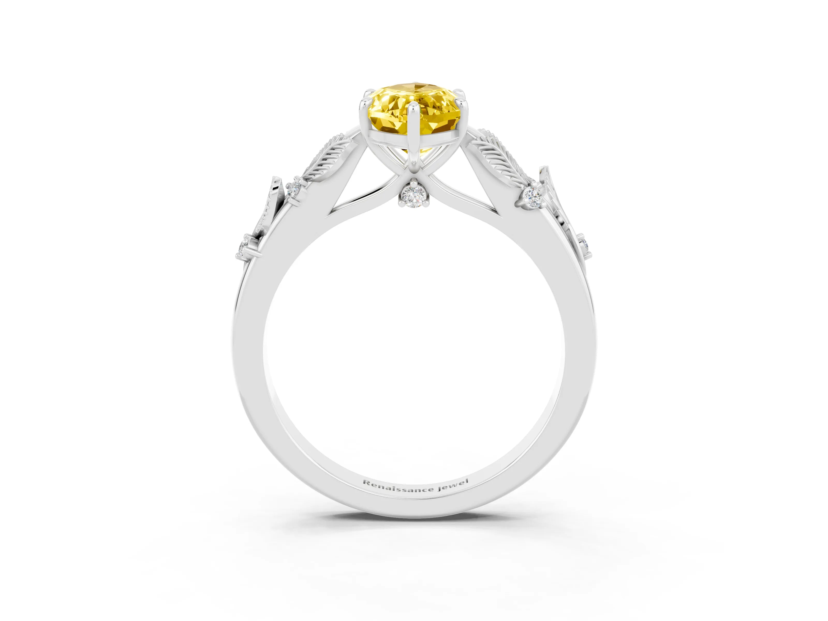 White gold Marquise Cut Yellow Sapphire Solitaire Ring with Leaf Motif Band and Four-Prong Setting_15