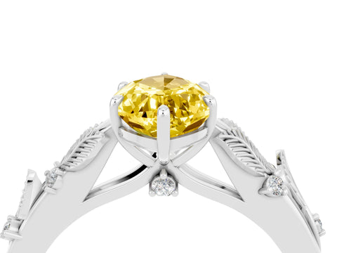White gold Marquise Cut Yellow Sapphire Solitaire Ring with Leaf Motif Band and Four-Prong Setting_16
