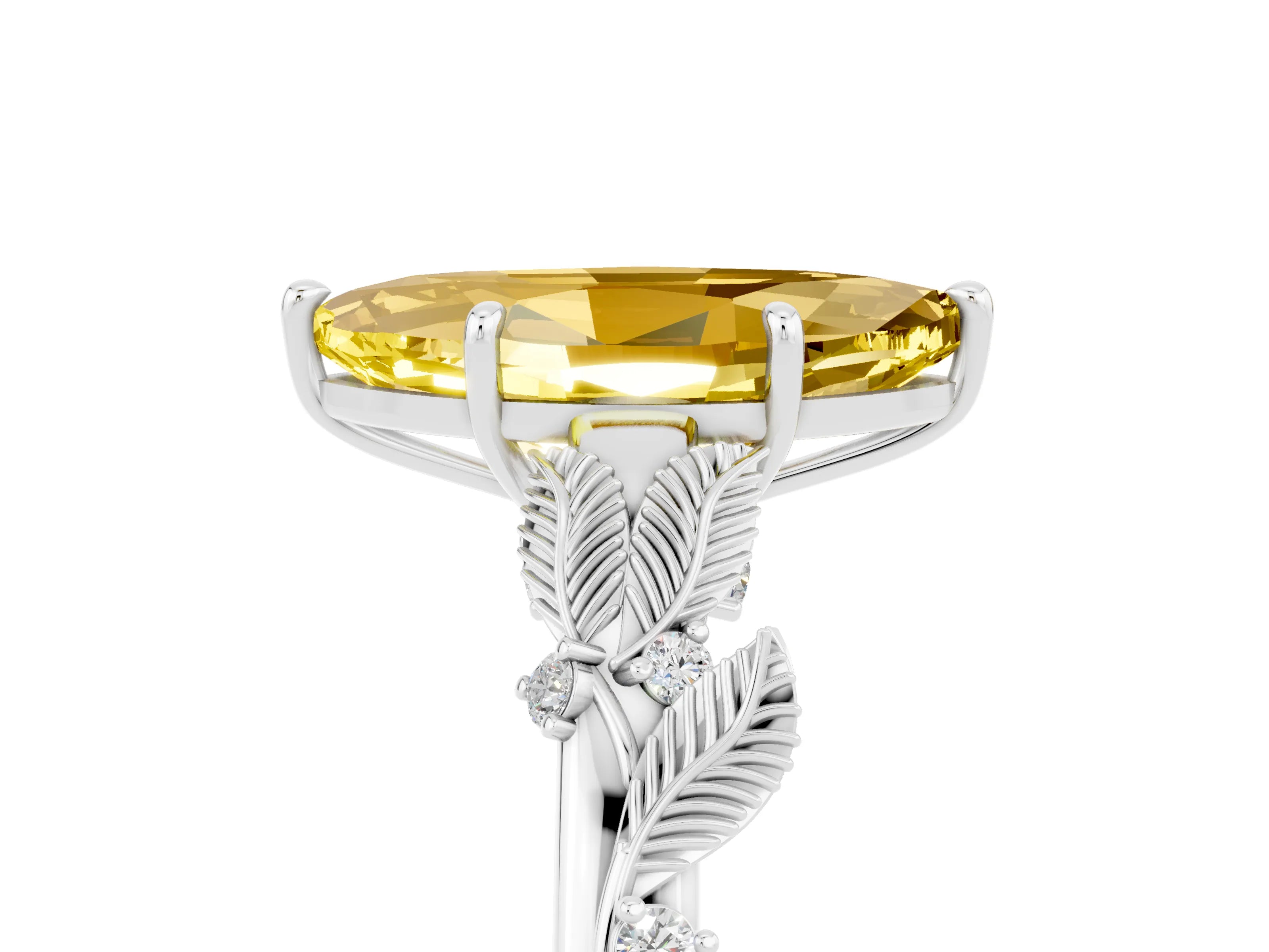 White gold Marquise Cut Yellow Sapphire Solitaire Ring with Leaf Motif Band and Four-Prong Setting_17