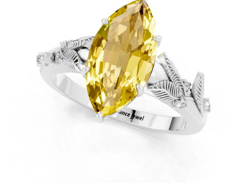 White gold Marquise Cut Yellow Sapphire Solitaire Ring with Leaf Motif Band and Four-Prong Setting_1