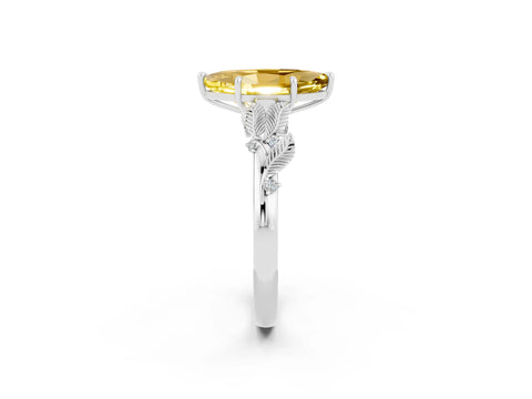 White gold Marquise Cut Yellow Sapphire Solitaire Ring with Leaf Motif Band and Four-Prong Setting_2