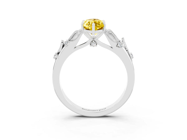 Platinum Marquise Cut Yellow Sapphire Solitaire Ring with Leaf Motif Band and Four-Prong Setting