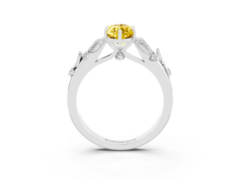 White gold Marquise Cut Yellow Sapphire Solitaire Ring with Leaf Motif Band and Four-Prong Setting_3