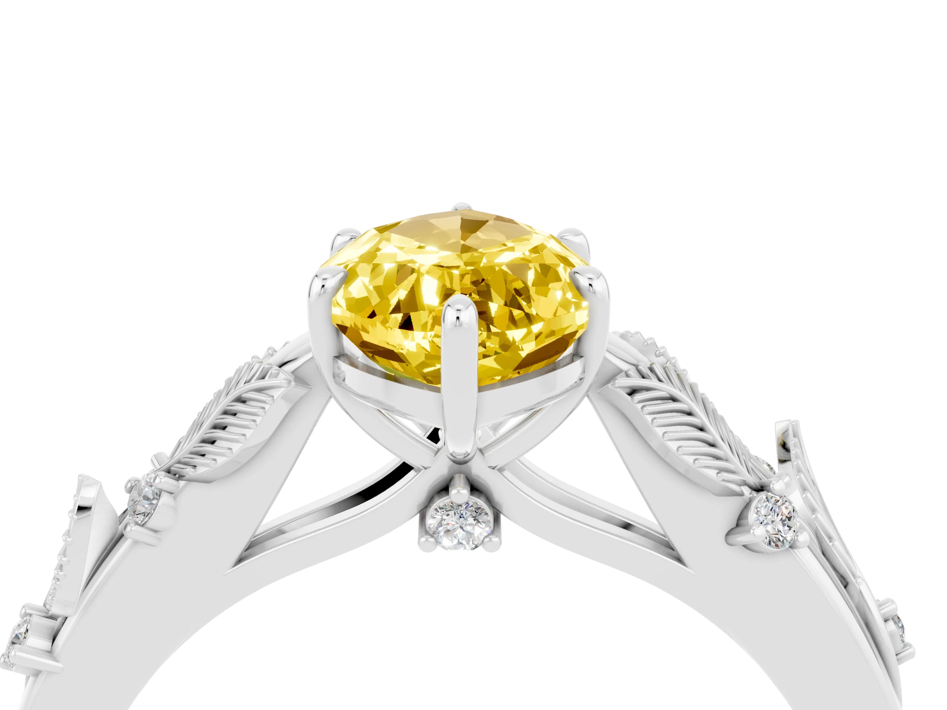 White gold Marquise Cut Yellow Sapphire Solitaire Ring with Leaf Motif Band and Four-Prong Setting_4