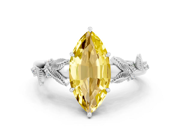 Silver Marquise Cut Yellow Sapphire Solitaire Ring with Leaf Motif Band and Four-Prong Setting