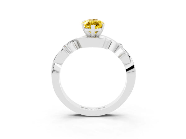Platinum Marquise Cut Yellow Sapphire Solitaire Ring with Milgrain Pavé Band and Four-Prong Setting