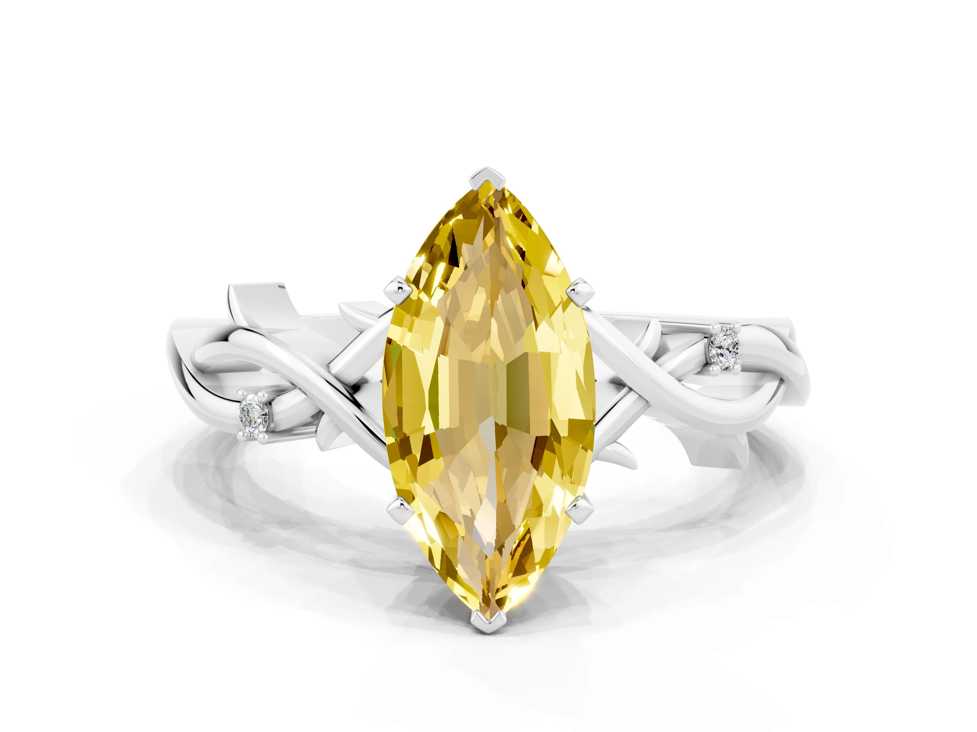 White gold Marquise Cut Yellow Sapphire Solitaire Ring with Milgrain Pavé Band and Four-Prong Setting_36