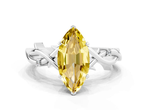 White gold Marquise Cut Yellow Sapphire Solitaire Ring with Milgrain Pavé Band and Four-Prong Setting_36