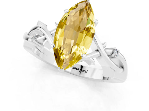 White gold Marquise Cut Yellow Sapphire Solitaire Ring with Milgrain Pavé Band and Four-Prong Setting_37