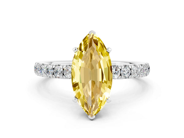 Silver Marquise Cut Yellow Sapphire Solitaire Ring with Pavé Accents and Four-Prong Setting