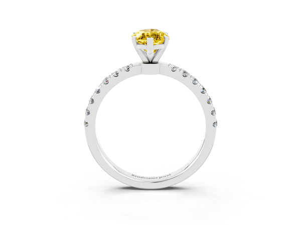 Platinum Marquise Cut Yellow Sapphire Solitaire Ring with Pavé Accents and Four-Prong Setting