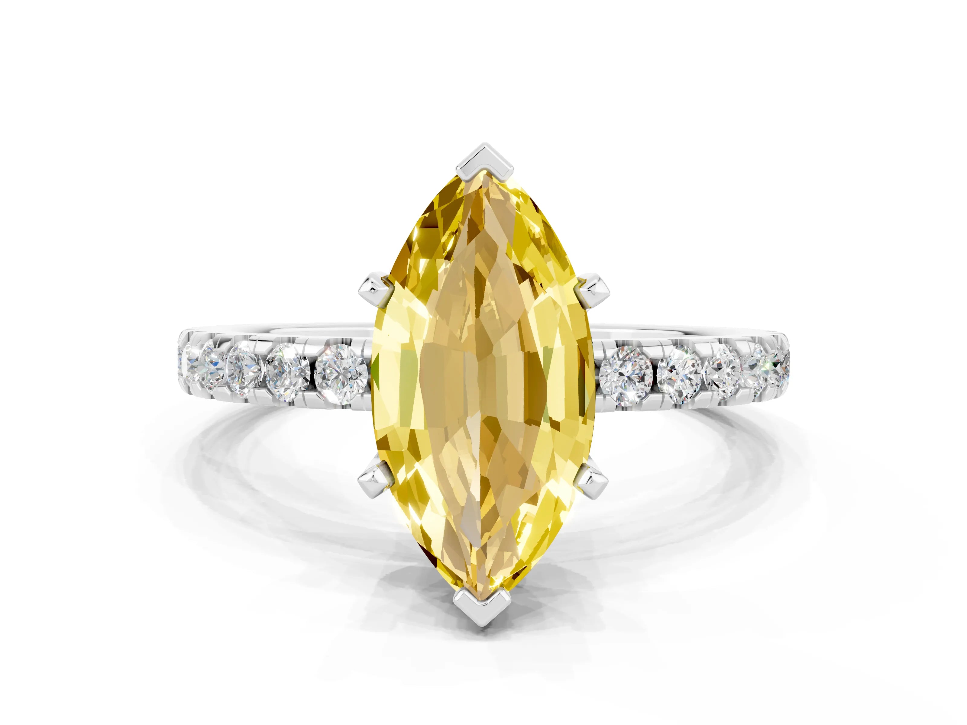 White gold Marquise Cut Yellow Sapphire Solitaire Ring with Pavé Band and Four-Prong Setting_60