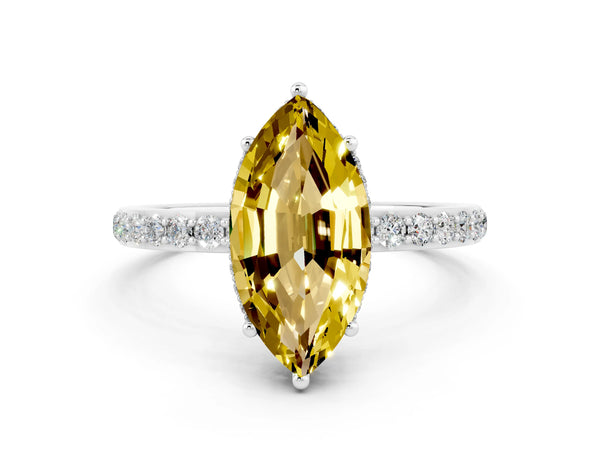 Silver Marquise Cut Yellow Sapphire Solitaire Ring with Pavé Band and Hidden Halo