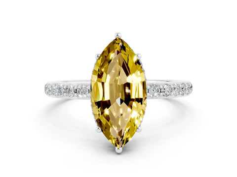 White gold Marquise Cut Yellow Sapphire Solitaire Ring with Pavé Band and Hidden Halo