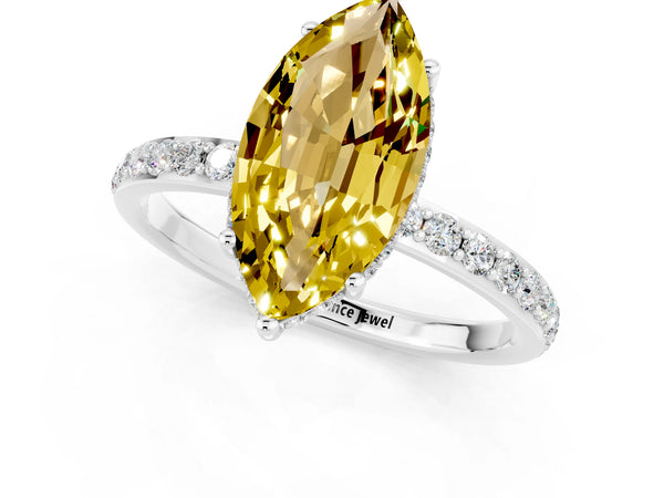 White gold Marquise Cut Yellow Sapphire Solitaire Ring with Pavé Band and Hidden Halo