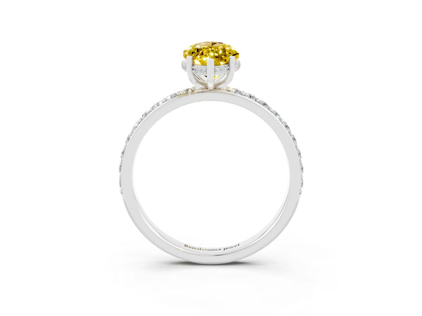 Silver Marquise Cut Yellow Sapphire Solitaire Ring with Pavé Band and Hidden Halo