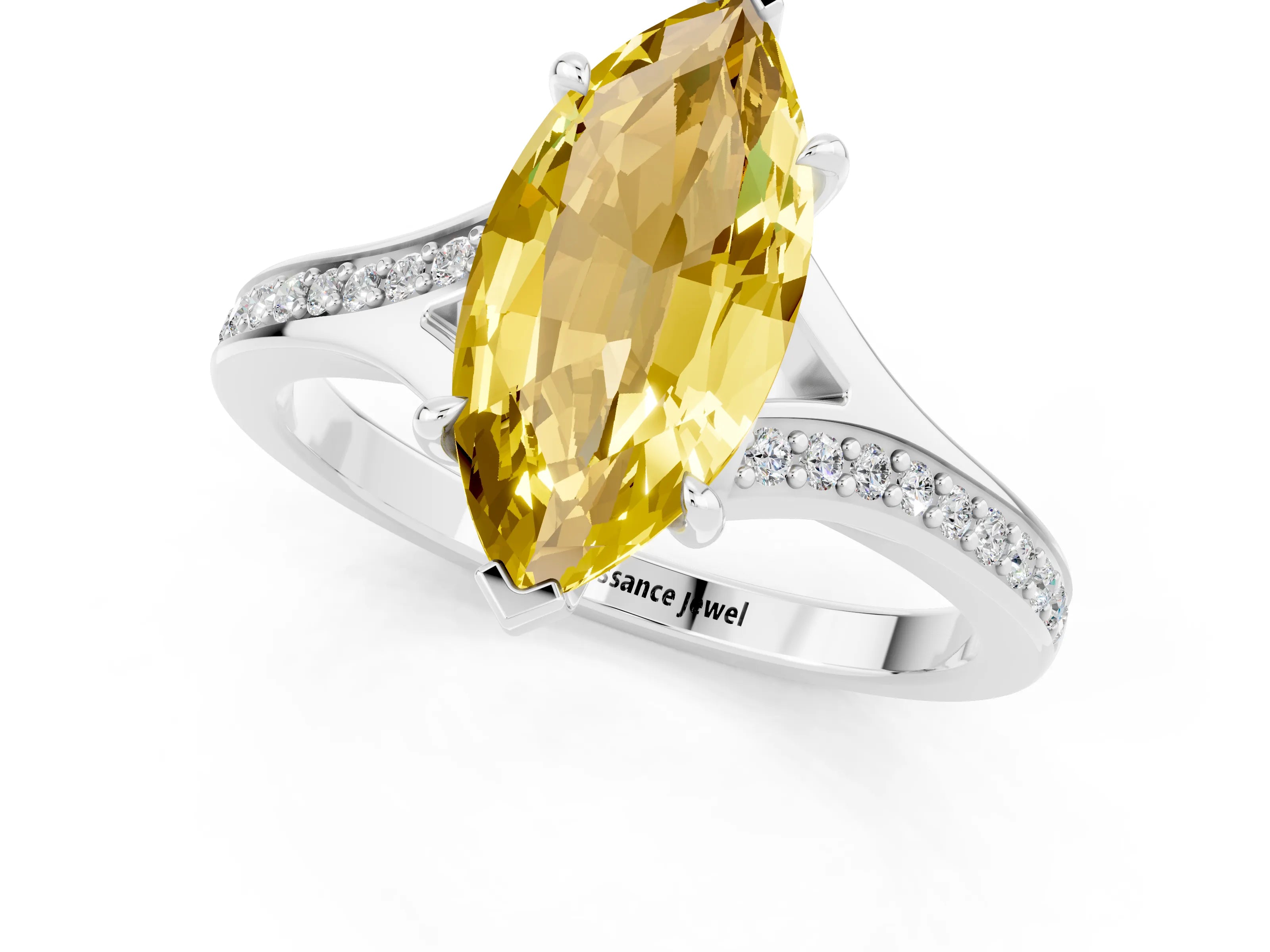 White gold Marquise Cut Yellow Sapphire Solitaire Ring with Pavé Band and Prong Setting_1