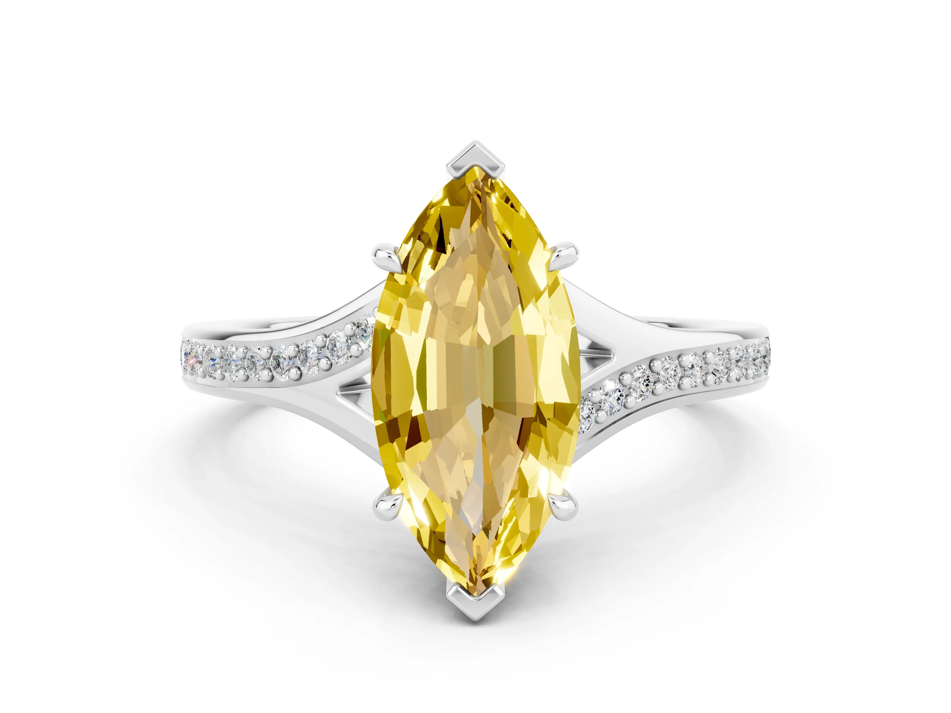 White gold Marquise Cut Yellow Sapphire Solitaire Ring with Pavé Band and Prong Setting_12