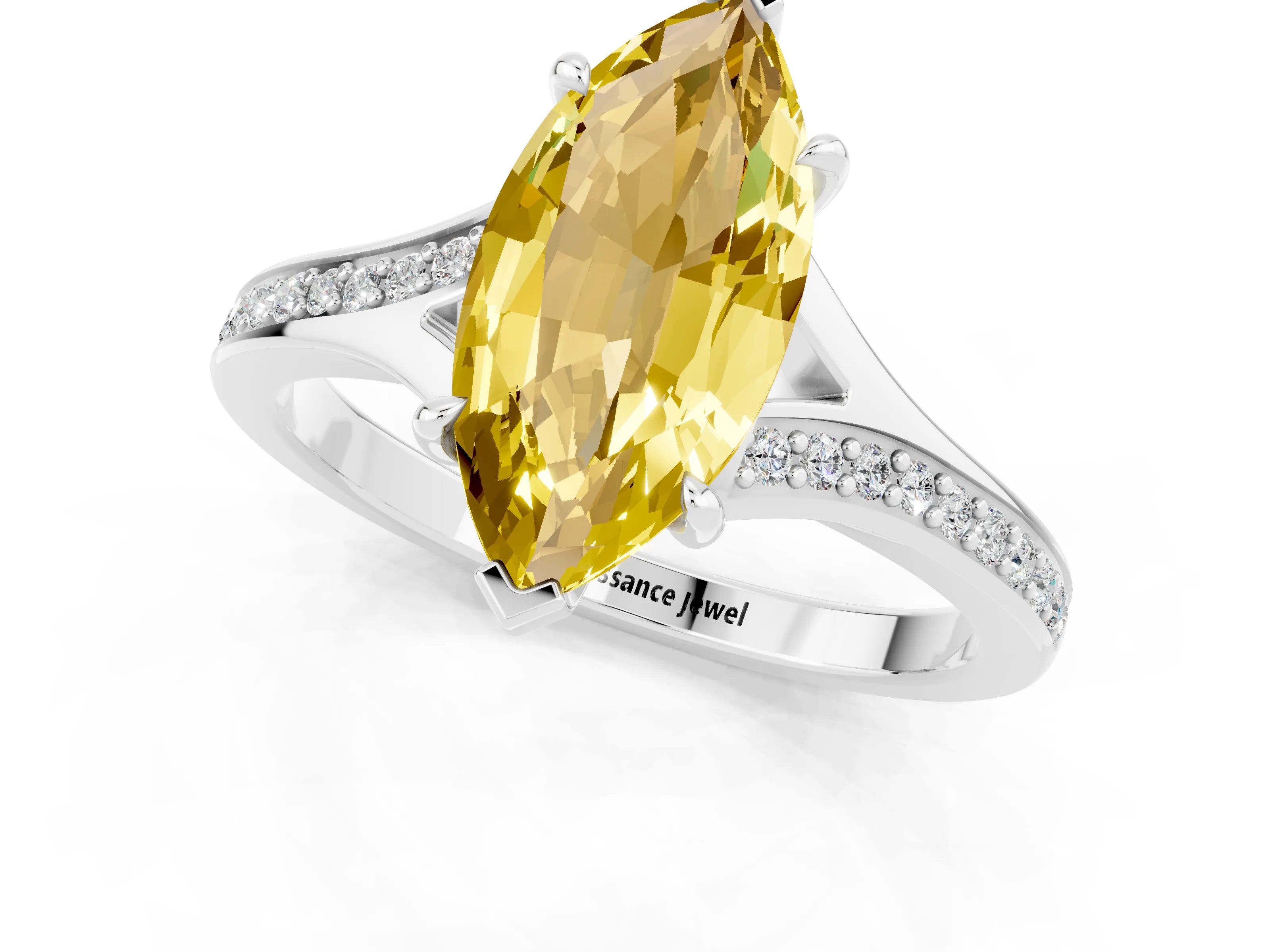 White gold Marquise Cut Yellow Sapphire Solitaire Ring with Pavé Band and Prong Setting_13