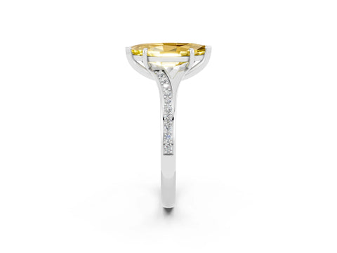 White gold Marquise Cut Yellow Sapphire Solitaire Ring with Pavé Band and Prong Setting_2
