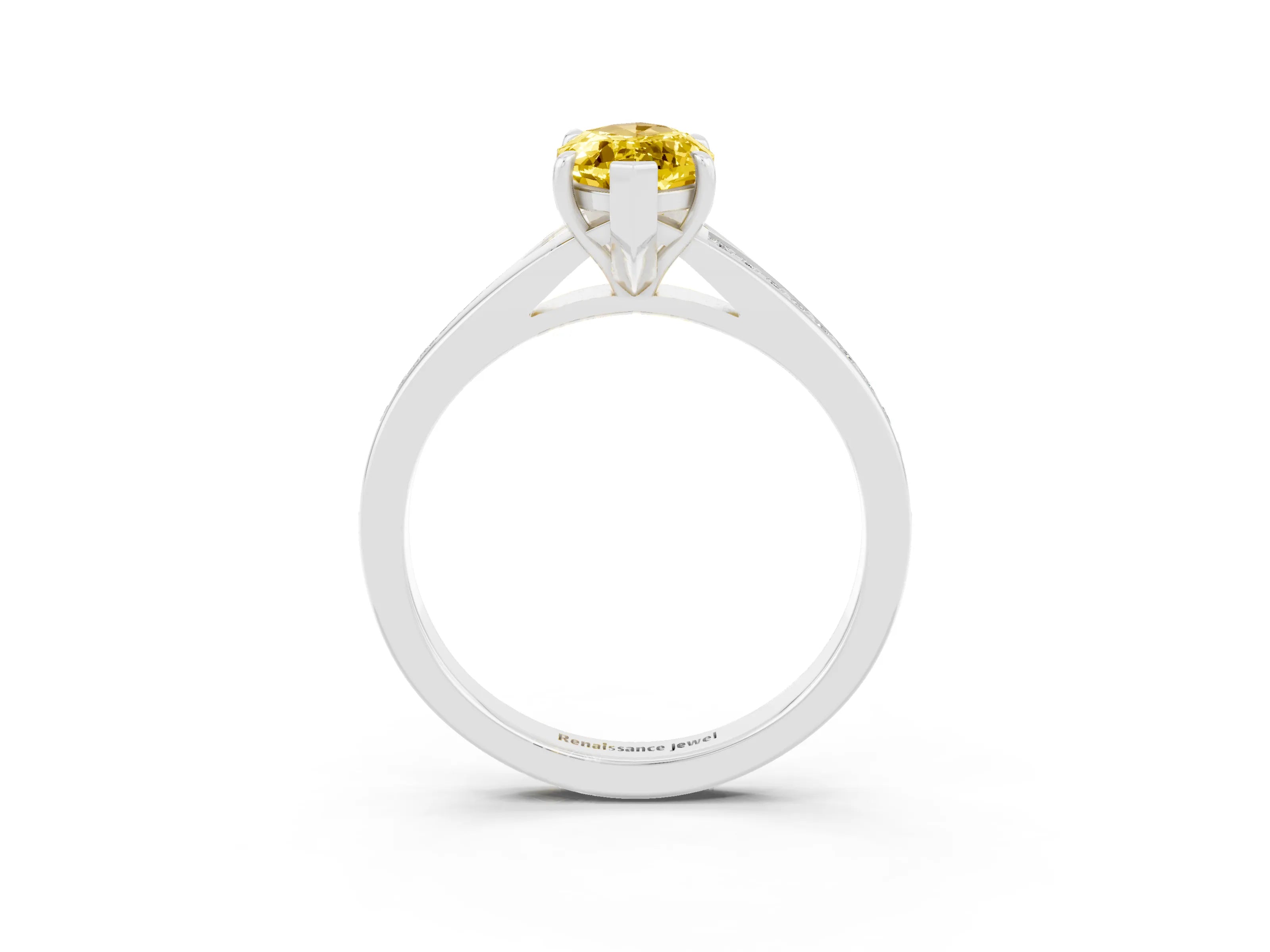 White gold Marquise Cut Yellow Sapphire Solitaire Ring with Pavé Band and Prong Setting_3