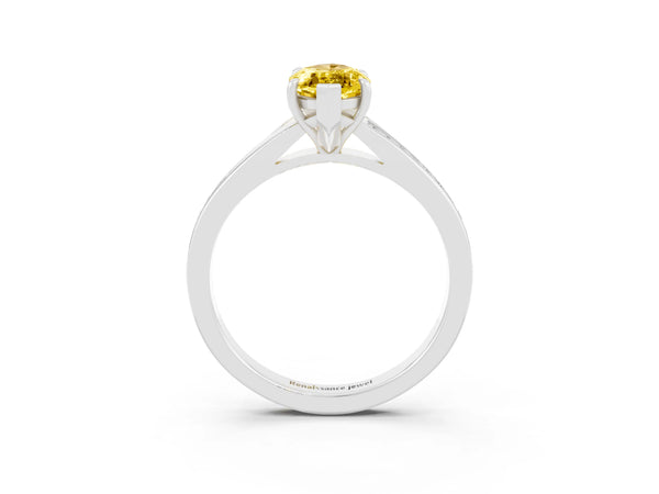 Silver Marquise Cut Yellow Sapphire Solitaire Ring with Pavé Band and Prong Setting