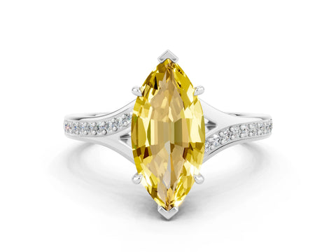 White gold Marquise Cut Yellow Sapphire Solitaire Ring with Pavé Band and Prong Setting