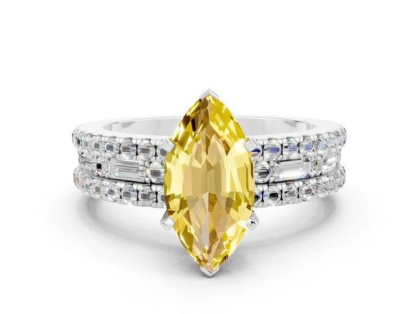 White gold Marquise Cut Yellow Sapphire Solitaire Ring with Pavé and Channel Set Band