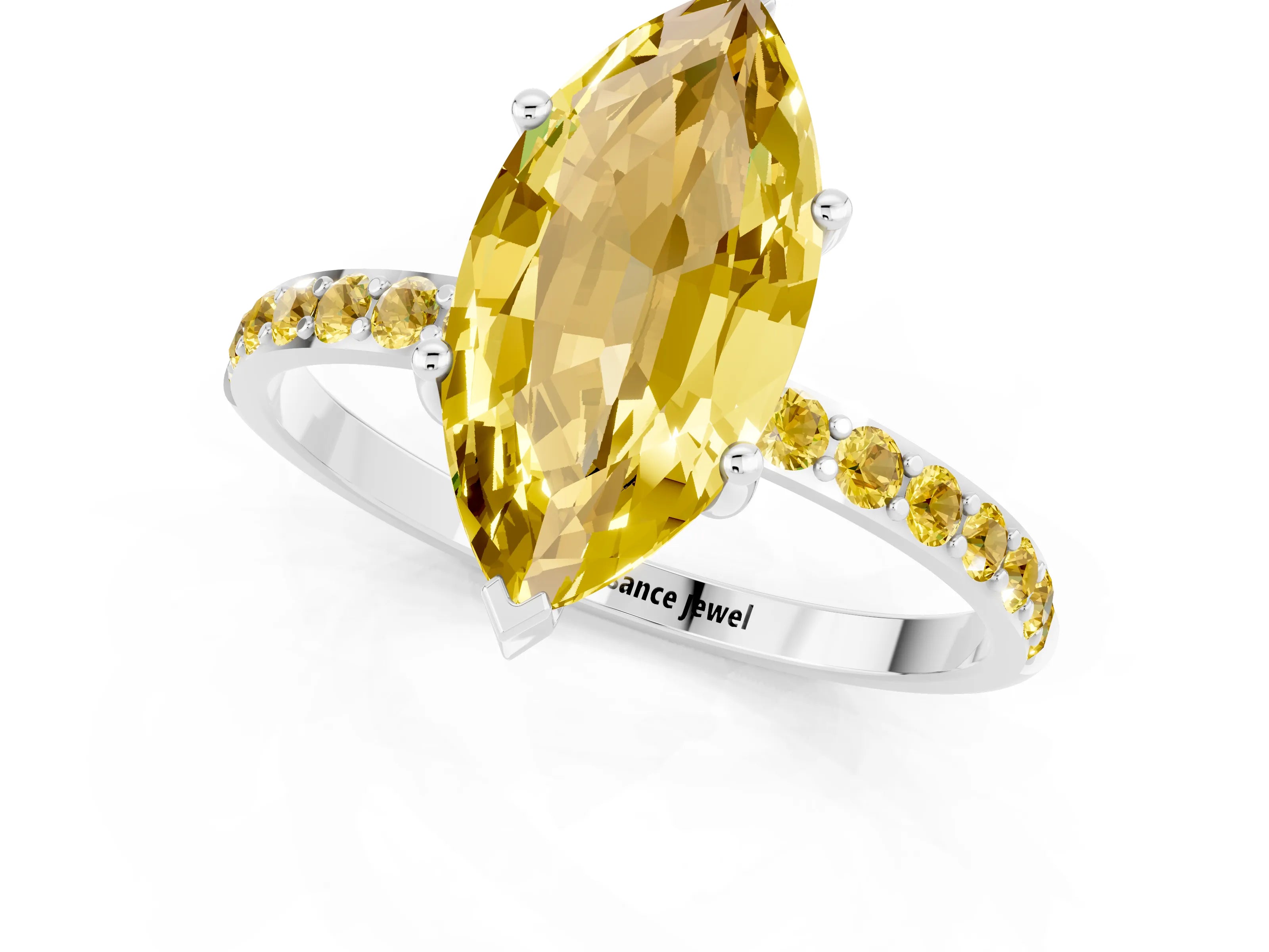 White gold Marquise Cut Yellow Sapphire Solitaire Ring with Pave Band and Four Prong Setting_13
