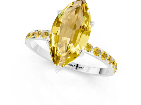 White gold Marquise Cut Yellow Sapphire Solitaire Ring with Pave Band and Four Prong Setting_13