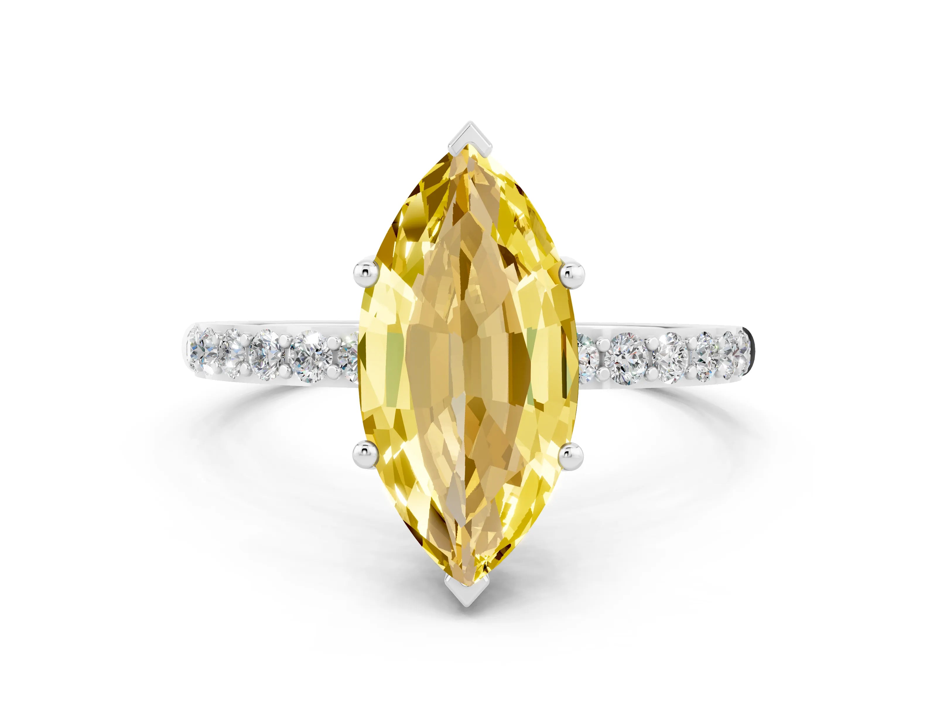 White gold Marquise Cut Yellow Sapphire Solitaire Ring with Pave Band and Four Prong Setting_48