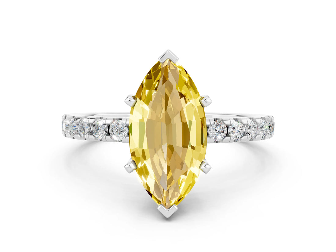 White gold Marquise Cut Yellow Sapphire Solitaire Ring with Round  Pavé Band and Four-Prong Setting_48