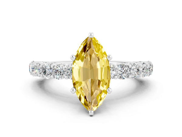 Platinum Marquise Cut Yellow Sapphire Solitaire Ring with Shared Prong Pavé Band and Four-Prong Setting